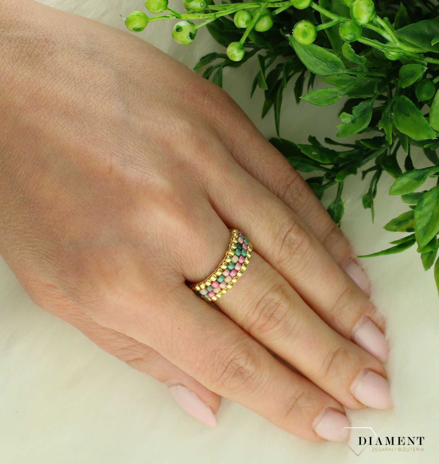 Pierścionek damski Koraliki MIYUKI szeroka obrączka z koralików wielokolorowa DIA-PRS-10797-INNE.jpg