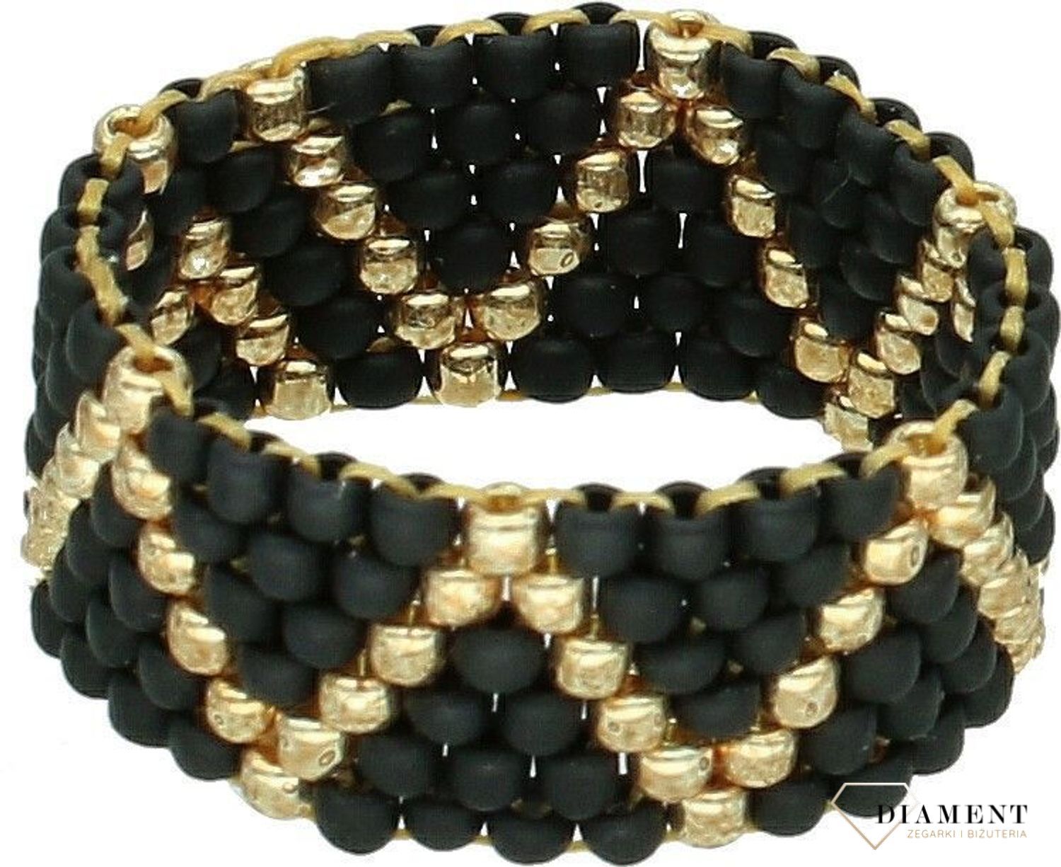 Pierścionek damski szeroka obrączka z koralików czarno złota DIA-PRS-10799-INNE. Ręcznie wykonany pierścionek z koralików. Idealny pomysł na prezent dla każdej kobiety. Pierścionek w stylu etno. Pierścionek rękodzieło z koralików.2.jpg