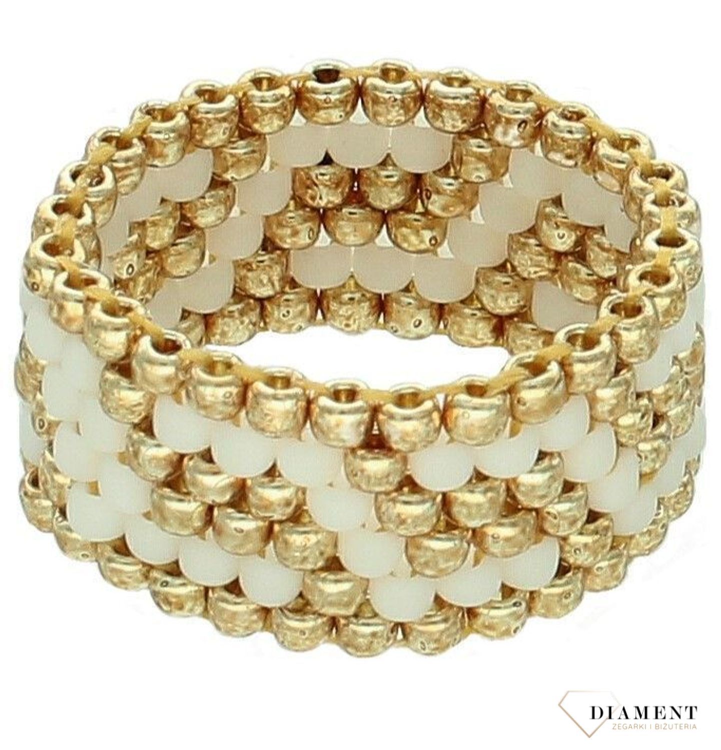 Pierścionek damski szeroka obrączka z koralików biało złota DIA-PRS-10802-INNE. Ręcznie wykonany pierścionek z koralików. Idealny pomysł na prezent dla każdej kobiety. Pierścionek w stylu etno. Pierścionek rękodzieło z koralików.1.jpg