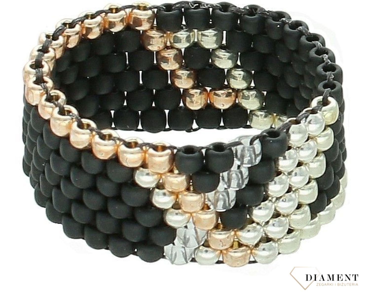 Pierścionek damski szeroka obrączka z koralików czarna DIA-PRS-10803-INNE. Ręcznie wykonany pierścionek z koralików. Idealny pomysł na prezent dla każdej kobiety. Pierścionek w stylu etno. Pierścionek rękodzieło z koralików..jpg