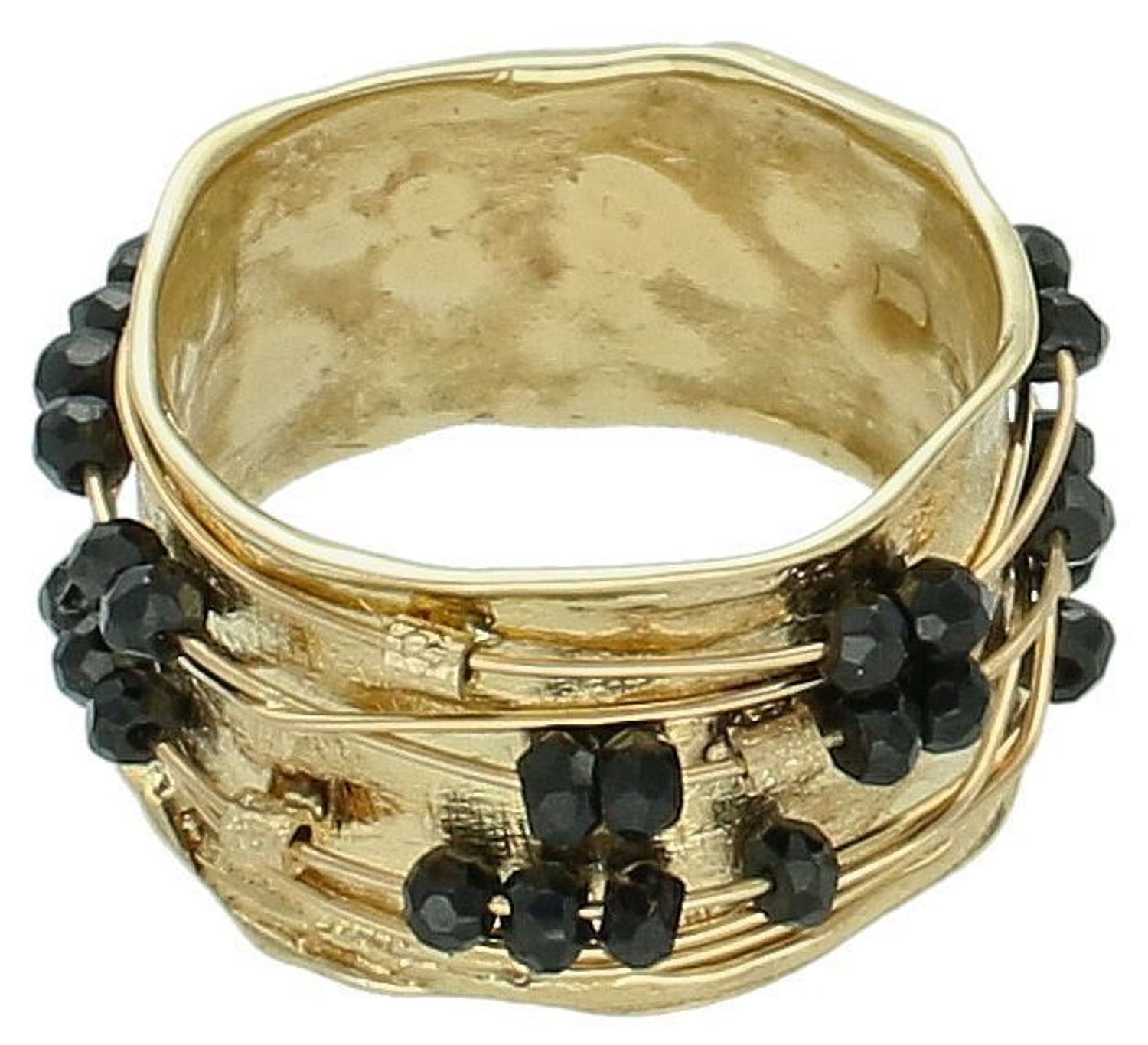 Złoty pierścionek obrączka z czarnymi koralikami próba 585, DIA-PRS-10983-585. Takie pierścionki zazwyczaj charakteryzują się nowoczesnym designem, gdzie szeroka złota oprawa doskonale 1.jpg