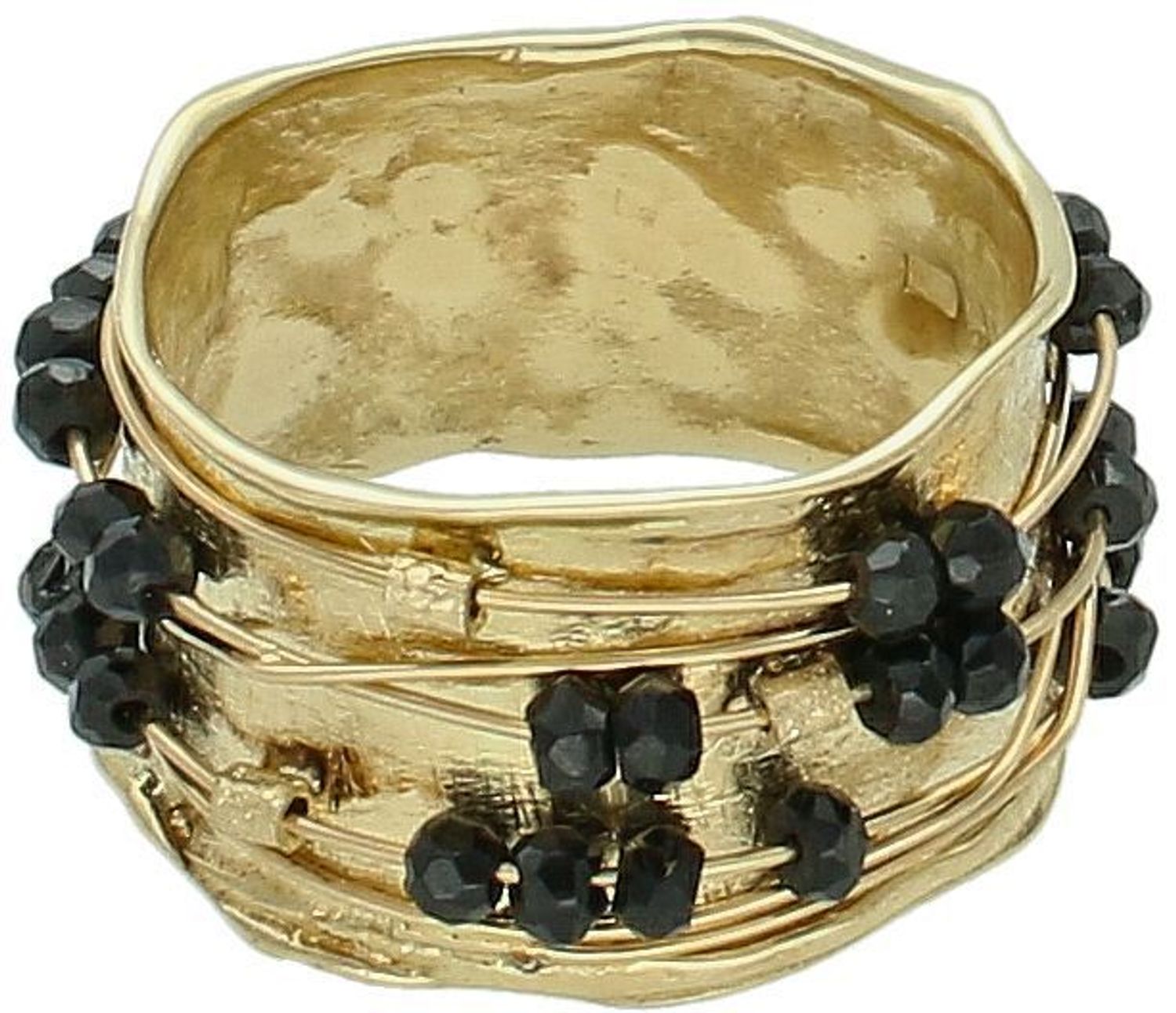 Złoty pierścionek obrączka z czarnymi koralikami próba 585, DIA-PRS-10983-585. Takie pierścionki zazwyczaj charakteryzują się nowoczesnym designem, gdzie szeroka złota oprawa doskonale 1.jpg