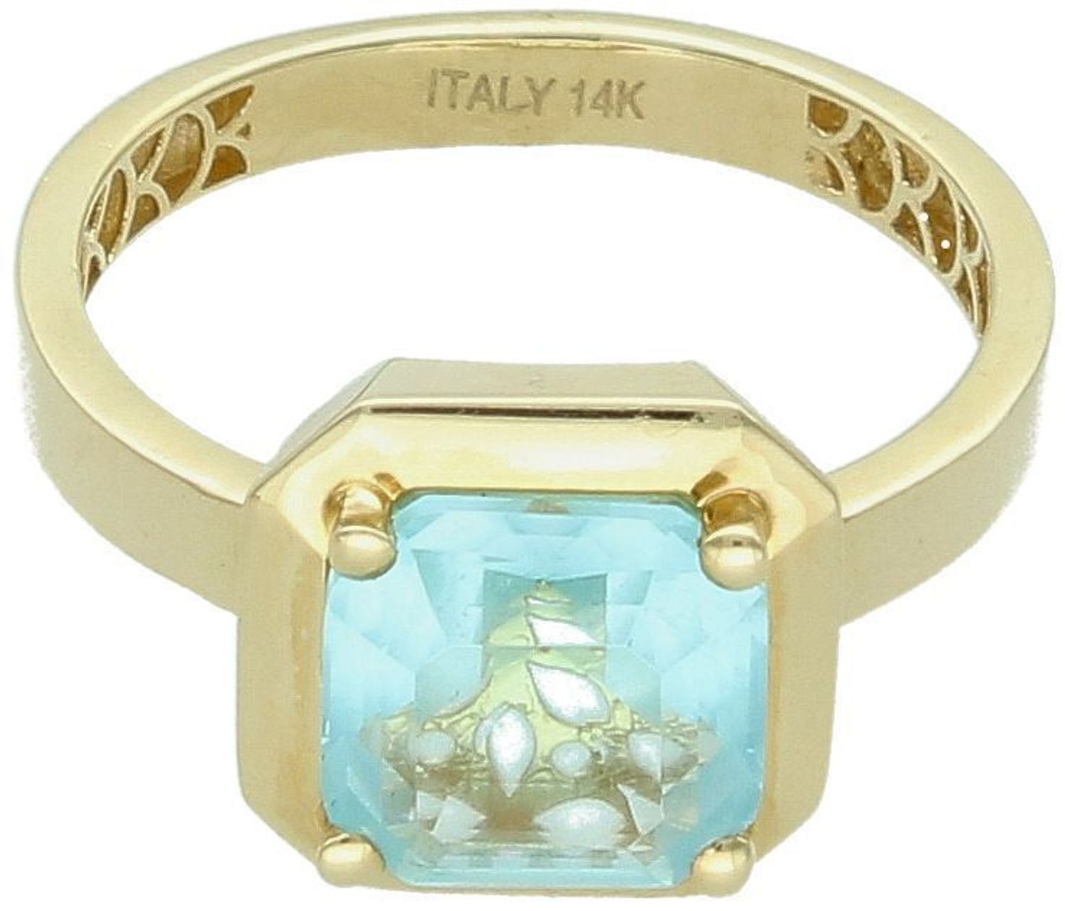 Złoty pierścionek damski próby 585 z niebieską cyrkonią w kwadratowej oprawie (1,2 cm). Szyna 3 mm, waga 3,34 g. Model DIA-PRS-10985-585 – nowoczesna elegancja i styl.1.jpg