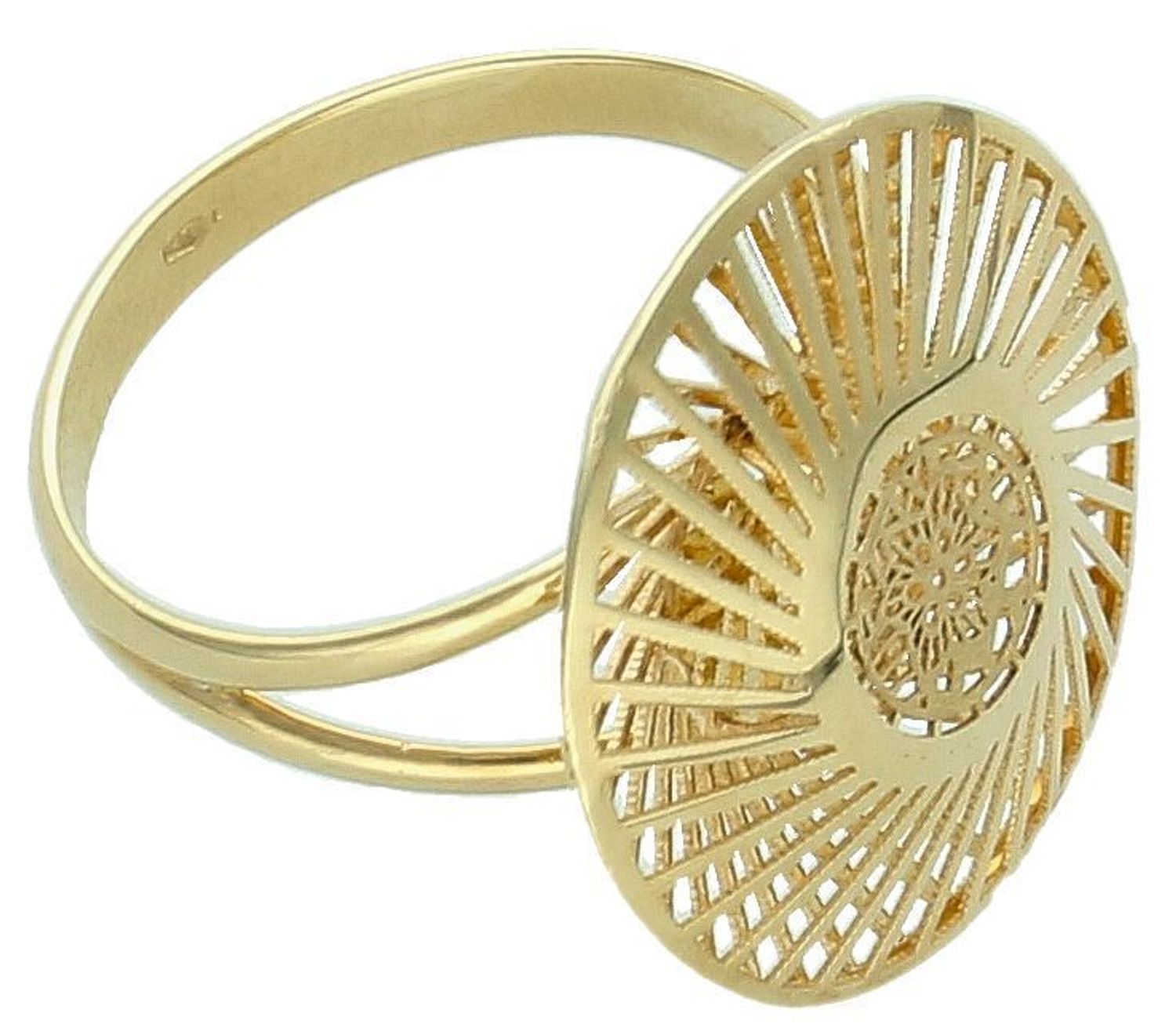 Złoty pierścionek ozdobiony ażurowym wzorem próba 585 rozmiar 18, DIA-PRS-11001-585. Ten wyjątkowy złoty pierścionek, wykonany z wysokiej jakości złota próby 585, wyróżnia się niezwykłym, 1.jpg