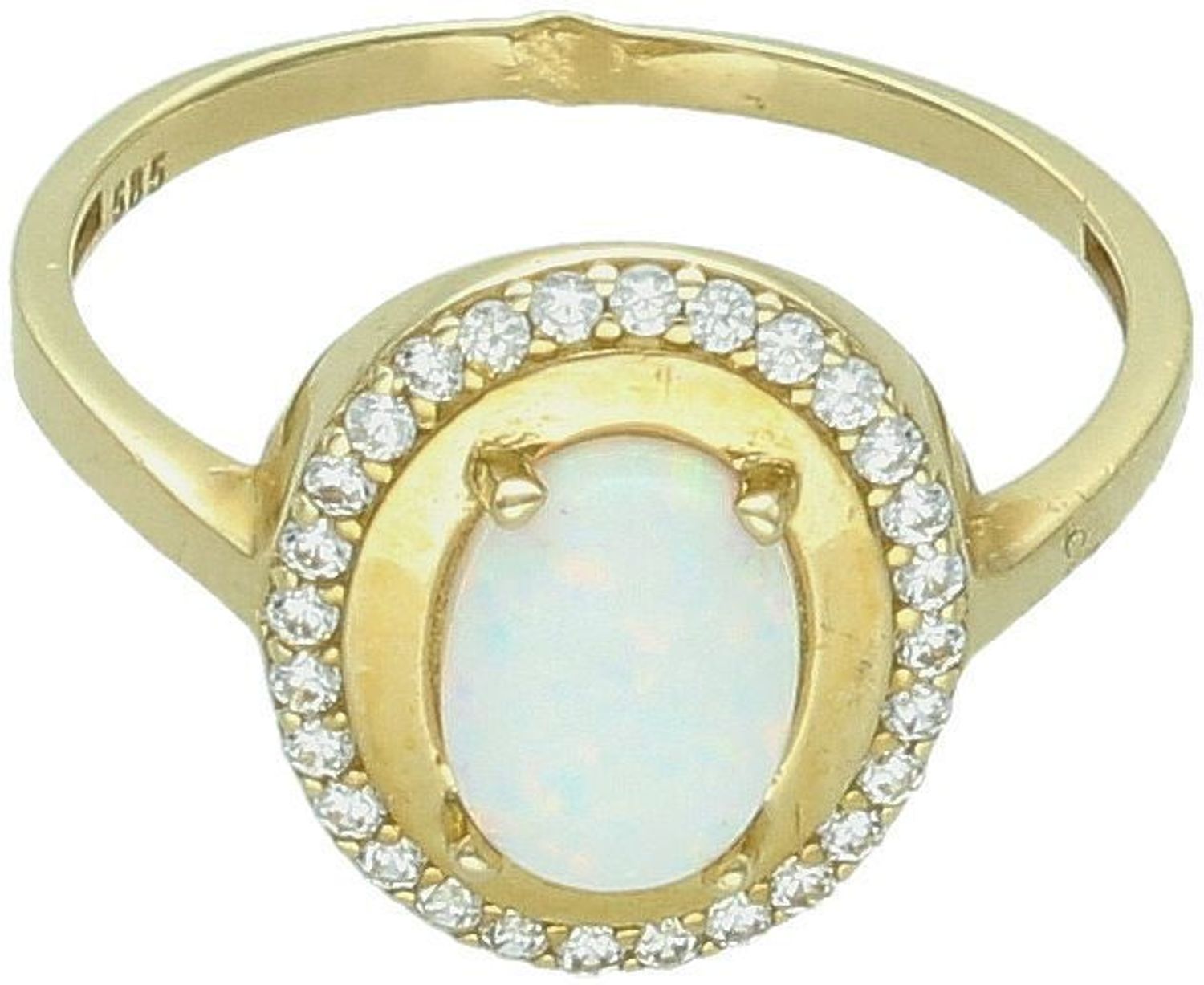 Złoty pierścionek z białym opalem DIA-PRS-11050-585 wykonany z 14-karatowego żółtego złota. Subtelna klasyka w nowoczesnym wydaniu. Szlachetny blask drogocennego kruszcu zamknięty 1.jpg