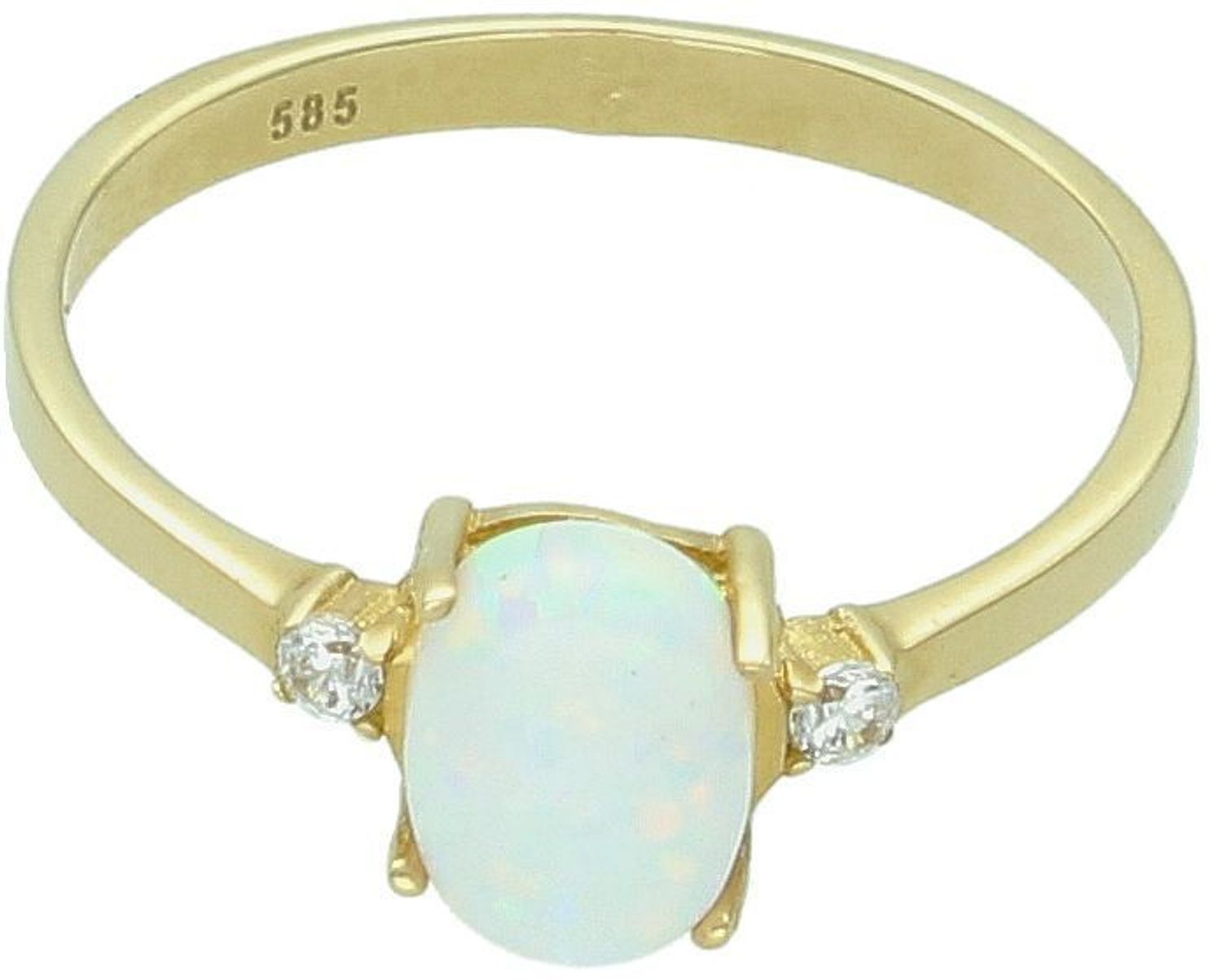 Złoty pierścionek próby 585 z owalnym syntetycznym opalem i dwiema cyrkoniami. Subtelna elegancja w biżuterii o wadze 1,94 g..jpg