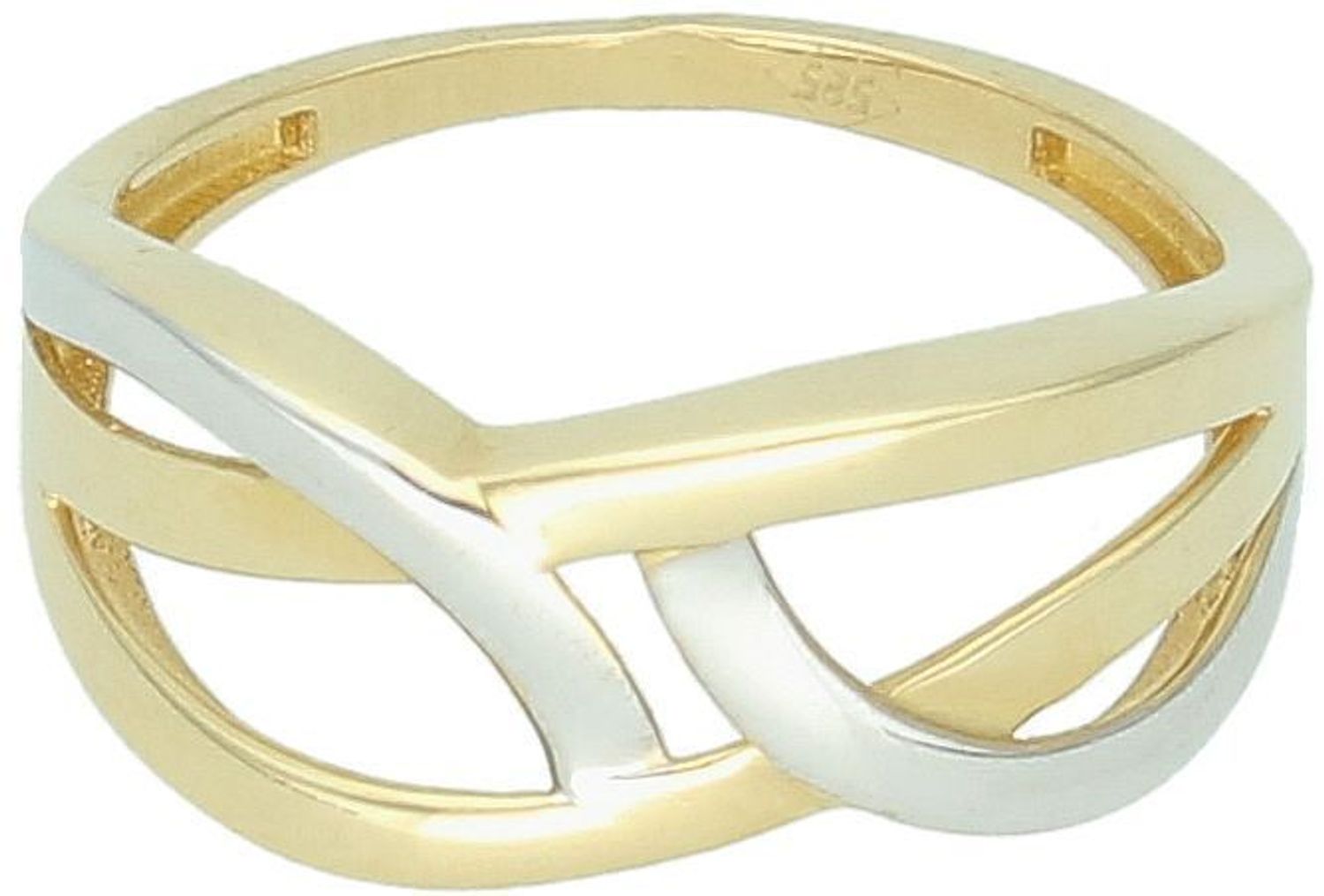 Złoty pierścionek damski próba 585 DIA-PRS-11065-585, pleciony z dodatkiem białego złota. Waga 2,01 g, rozmiar 14, szerokość ozdoby 8 mm. Elegancki i nowoczesny wybór.1.jpg