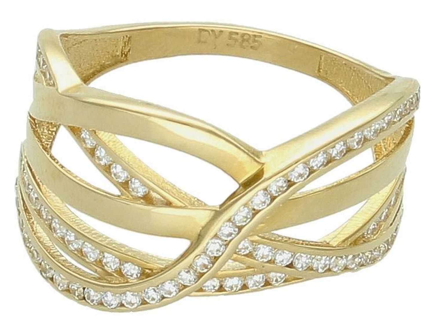 Złoty pierścionek szeroka plecionka z cyrkonią próba 585 DIA-PRS-11066-585. Szeroki pierścionek plecionka ze złota próby 585. Pierścionek pięknie ozdobiony błyszczącą cyrkonią. 1.jpg