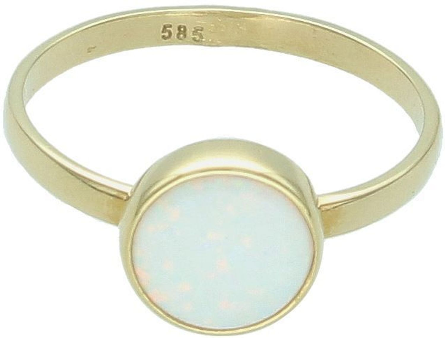 Złoty pierścionek damski z okrągłym syntetycznym opalem, próba 585. Rozmiar 15, waga 1,63 g, ozdoba 8 mm, szyna 2 mm. Model DIA-PRS-11069-585 – wyjątkowa gra barw i elegancji.1.jpg