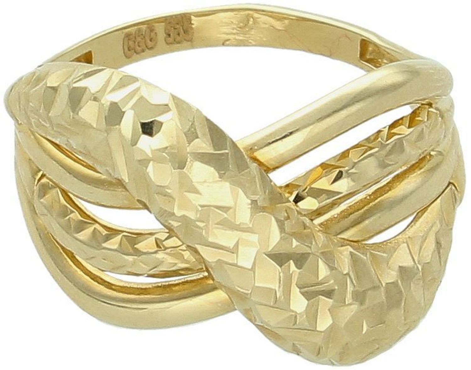 Złoty pierścionek damski próby 585, szeroki (1,5 cm) pleciony z ozdobnym wzorem. Szyna 2 mm, waga 3,24 g. Model DIA-PRS-11075-585 – luksus i wyrazisty styl.2.jpg