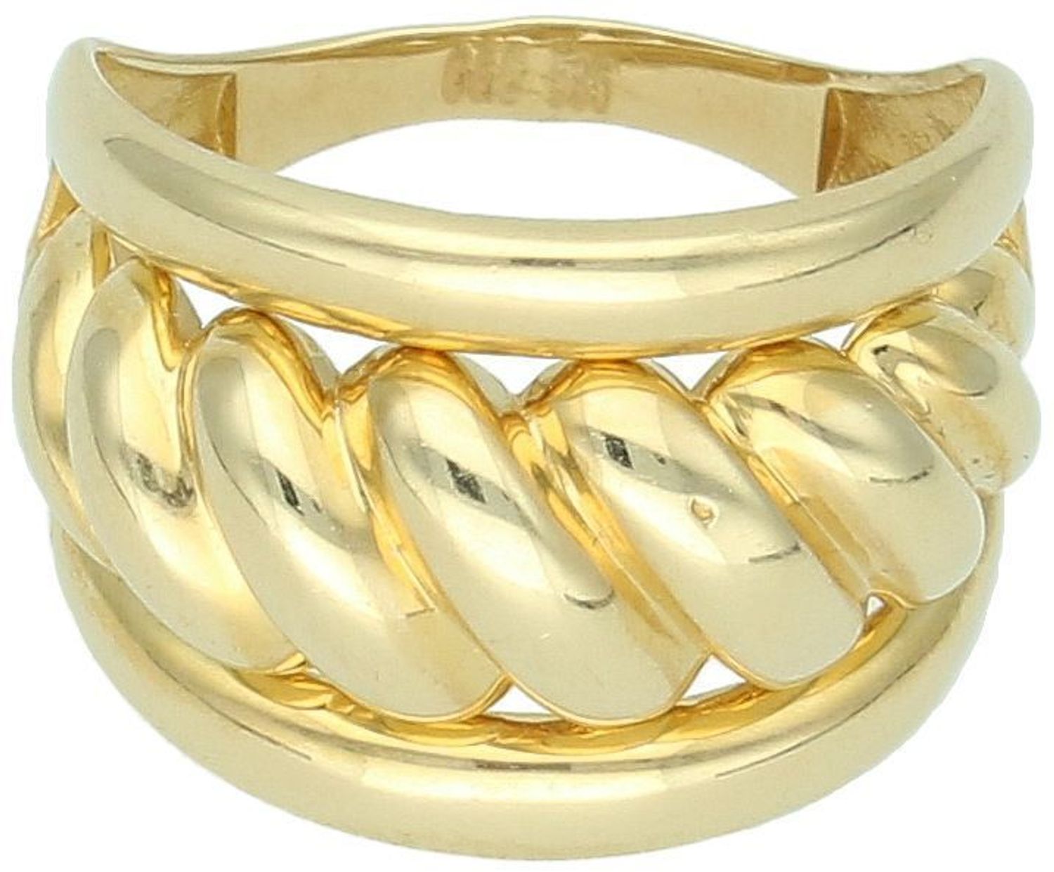 Złoty pierścionek damski próby 585 o masywnej, szerokiej formie. Model DIA-PRS-11078-585 waży 4,81 g. Szerokość górna 1,5 cm, dolna 2 mm. Styl i elegancja.1.jpg