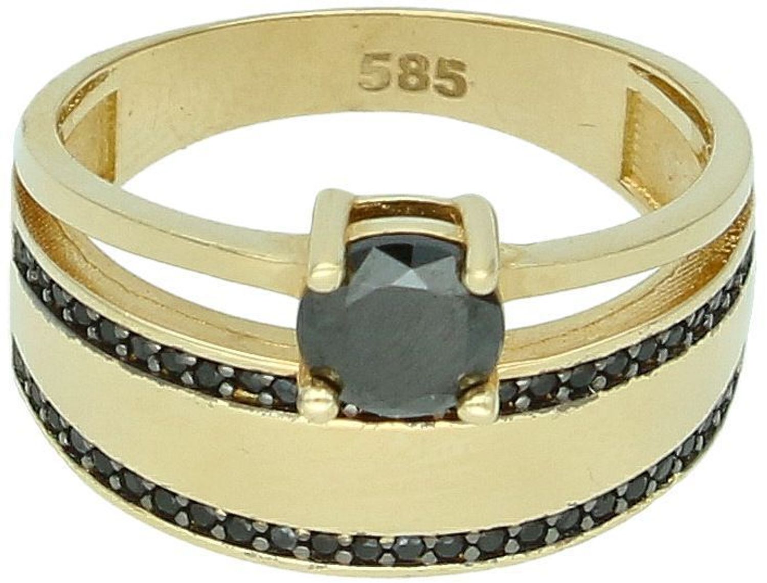 Złoty pierścionek damski DIA-PRS-11085-585 z czarnymi cyrkoniami. Próba 585, waga 4,73 g, szerokość 1,2 cm. Elegancja i wyrazisty styl. Gwarancja i oryginalne opakowanie w zestawie.1.jpg