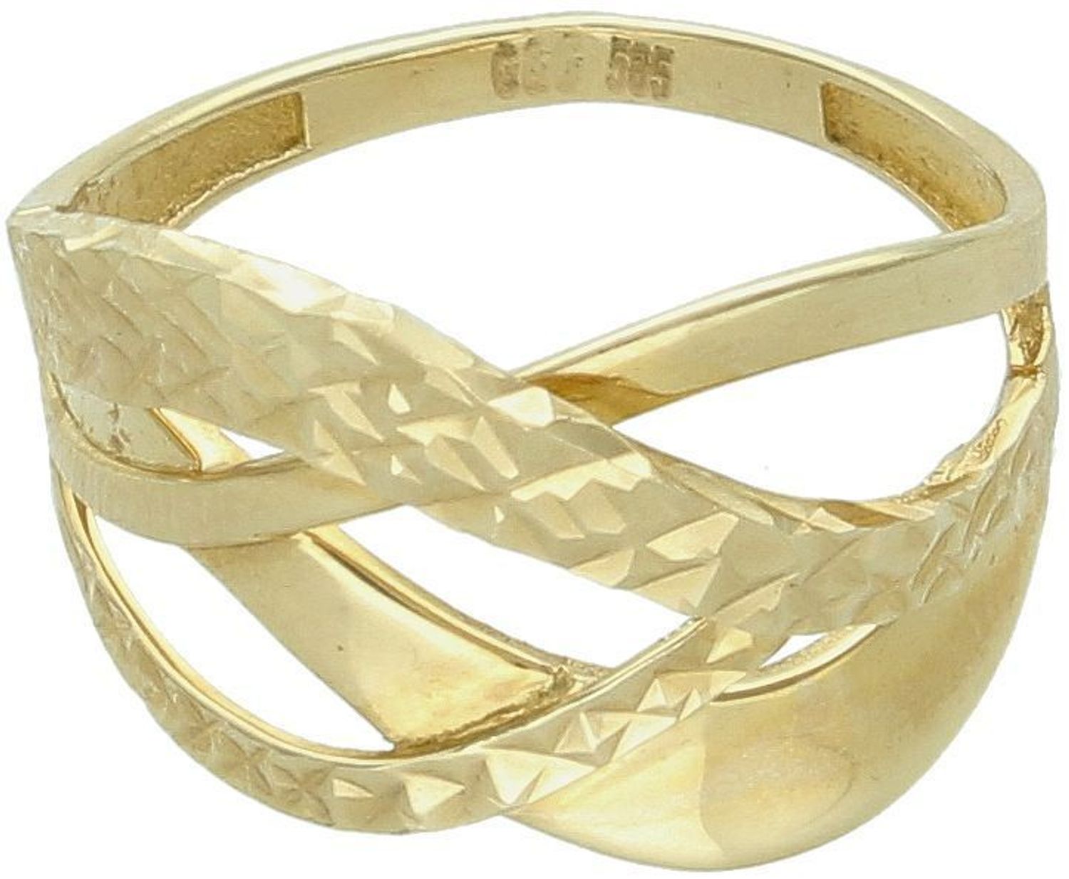 Złoty pierścionek damski próby 585 pleciony, ozdobiony wzorem. Górna część 1,4 cm, szyna 2 mm, waga 2,83 g. DIA-PRS-11091-585 – subtelna elegancja i klasyczny styl.1.jpg