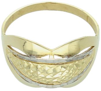 Złoty pierścionek damski próby 585 o geometrycznym kształcie z ozdobnym wzorem. Szerokość 1,5 cm, szyna 3 mm, waga 3,89 g. Model DIA-PRS-11093-585 – nowoczesna elegancja.1.jpg