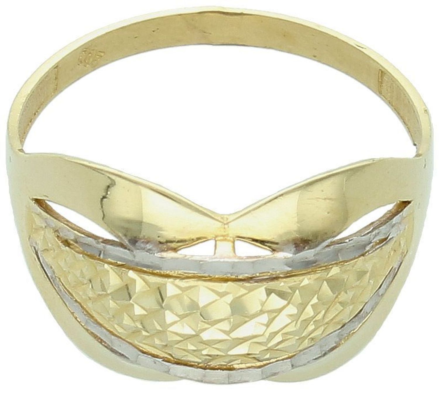 Złoty pierścionek damski próby 585 o geometrycznym kształcie z ozdobnym wzorem. Szerokość 1,5 cm, szyna 3 mm, waga 3,89 g. Model DIA-PRS-11093-585 – nowoczesna elegancja.1.jpg