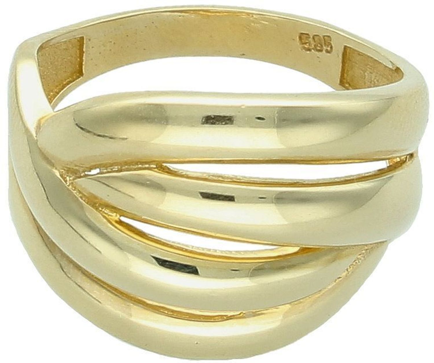 Złoty pierścionek damski próby 585 składający się z czterech paseczków. Szerokość górnej części 1,5 cm, szyna 3 mm, waga 4,08 g. DIA-PRS-11096-585 – nowoczesna elegancja.1.jpg