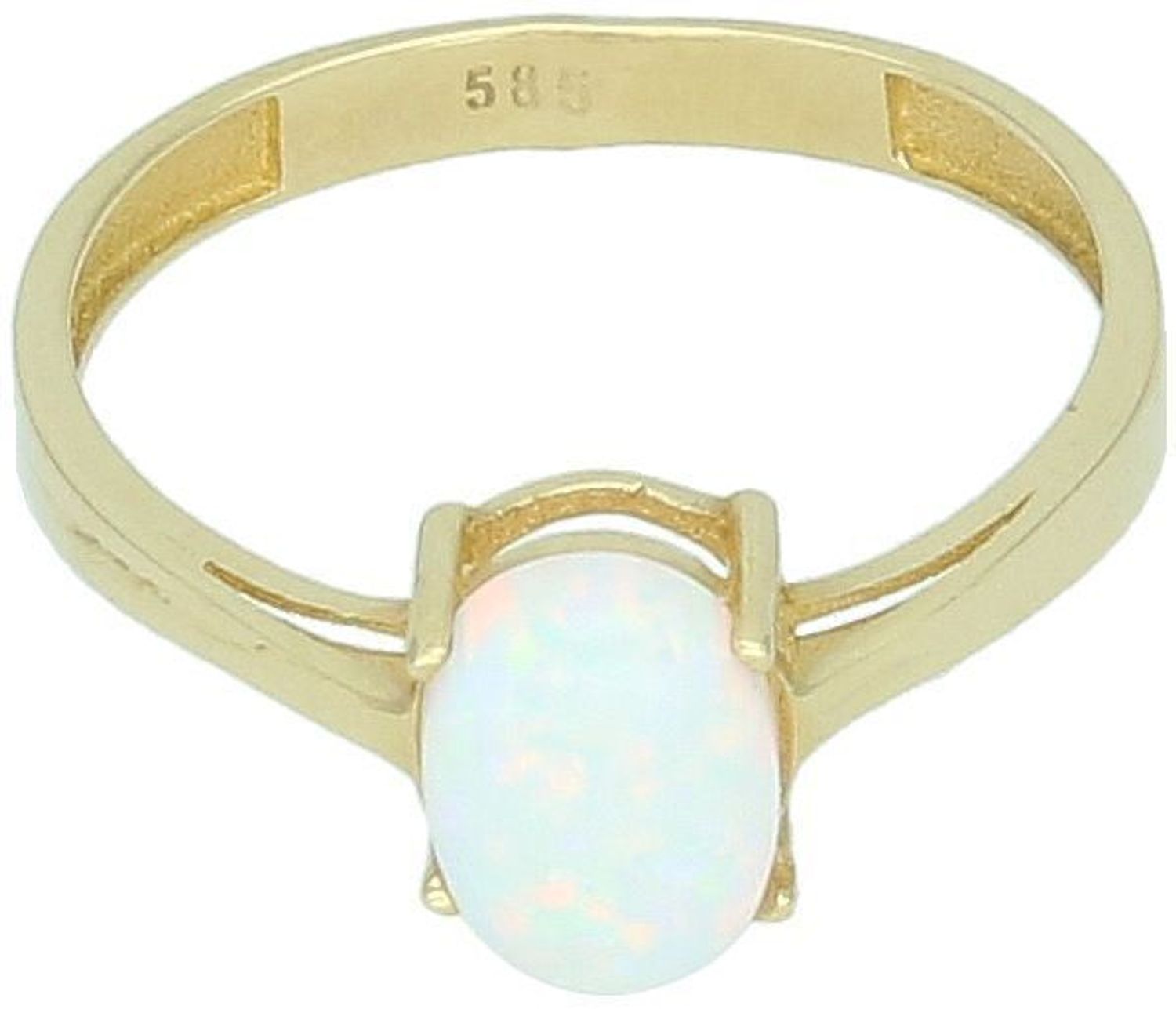 Złoty pierścionek damski z opalem syntetycznym DIA-PRS-11104-585. Próba 585, waga 1,33 g, rozmiar 16, ozdoba 6x8 mm, szyna 3 mm. Magiczny blask opalu w eleganckiej formie.1.jpg