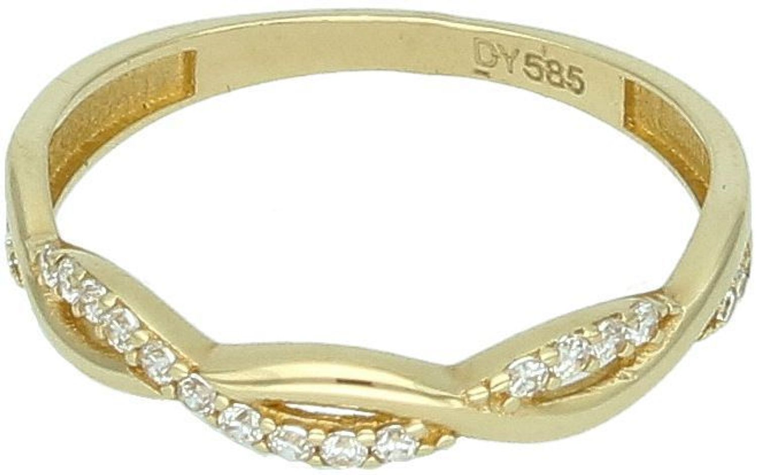 Delikatny złoty pierścionek damski próby 585 z plecionym wzorem i zdobieniem z cyrkonii. Szerokość 3 mm, wygodna szyna 2 mm. Idealny na co dzień i wyjątkowe okazje.1.jpg