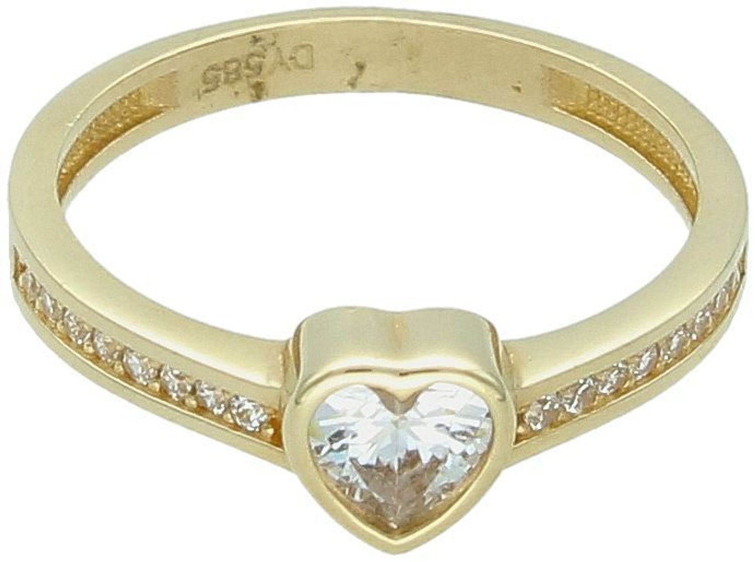 Delikatny złoty pierścionek damski próba 585 z sercem i dodatkowymi cyrkoniami. Waga 2,93 g, wielkość ozdoby 6 mm, szerokość szyny 3 mm. Idealny na prezent.1.jpg