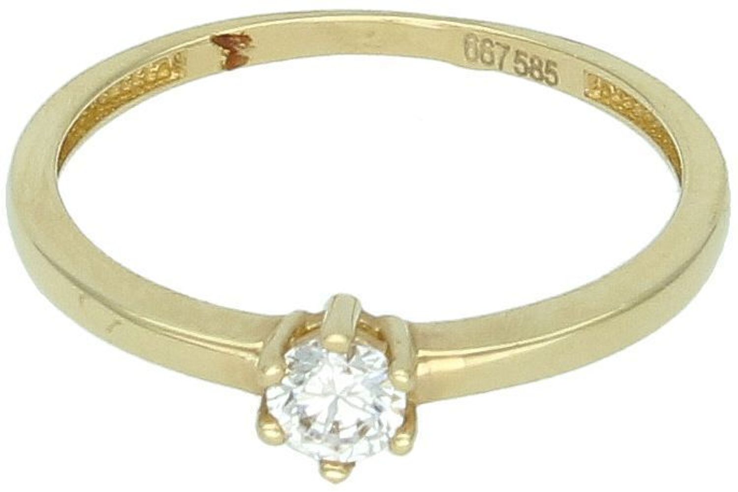 Złoty pierścionek damski próby 585 z jedną cyrkonią o średnicy 5 mm. Delikatna szyna (1 mm), waga 1,36 g. Model DIA-PRS-11145-585 – klasyka w nowoczesnej odsłonie.1.jpg