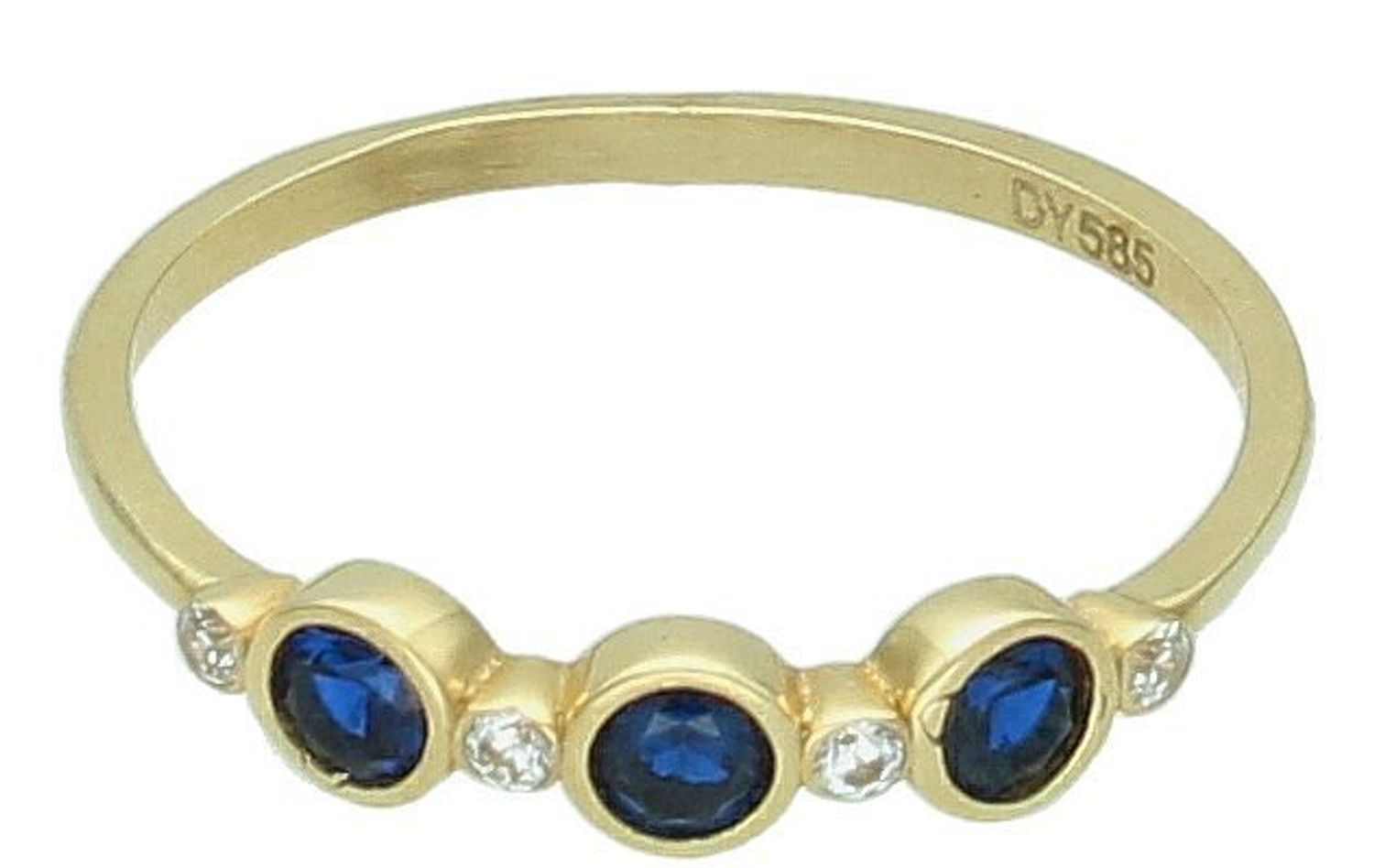 Pierścionek złoty 585 trzy granatowe cyrkonie DIA-PRS-11148-585  Złoty pierścionek ozdobiony trzema granatowymi oraz czterema białymi cyrkoniami. 1.jpg
