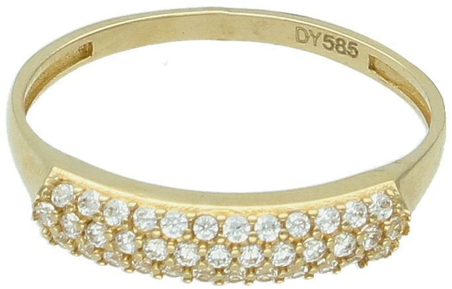 Złoty pierścionek rząd trzech cyrkonii próba 585, DIA-PRS-11154-585.  Złoty pierścionek z potrójnym rzędem cyrkonii to elegancka biżuteria, która łączy klasyczną złotą oprawę 1.jpg