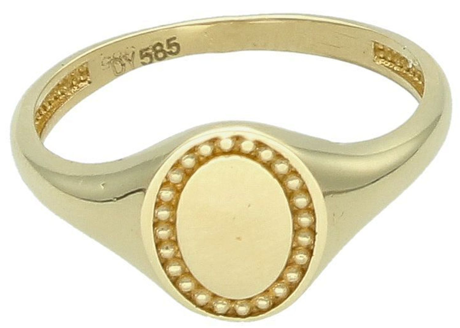Złoty pierścionek sygnet okrągły ze wzorem próba 585, DIA-PRS-11158-585. Złoty sygnet wykonany z wysokiej jakości złota próby 585. Efektowny pierścionek z możliwością indywidualnego graweru, 1.jpg