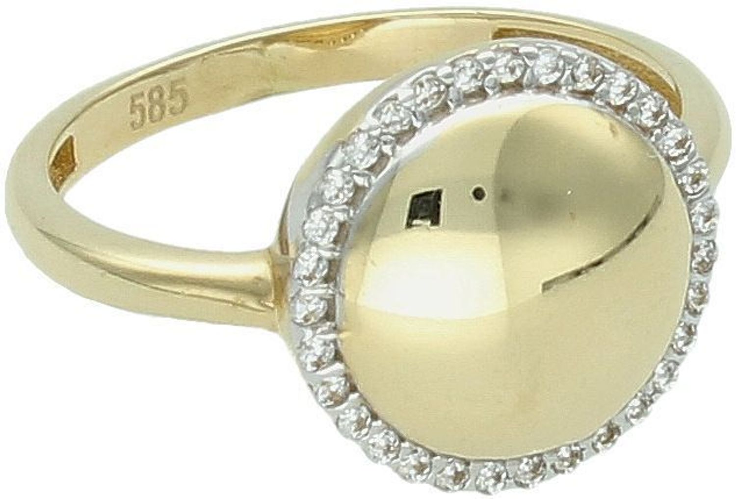 Złoty pierścionek damski próby 585, okrągły element wykończony białymi cyrkoniami. Waga 2,46 g, średnica ozdoby 1,2 cm, szyna pierścionka 2 mm. Elegancka biżuteria idealna na każdą okazję.1.jpg