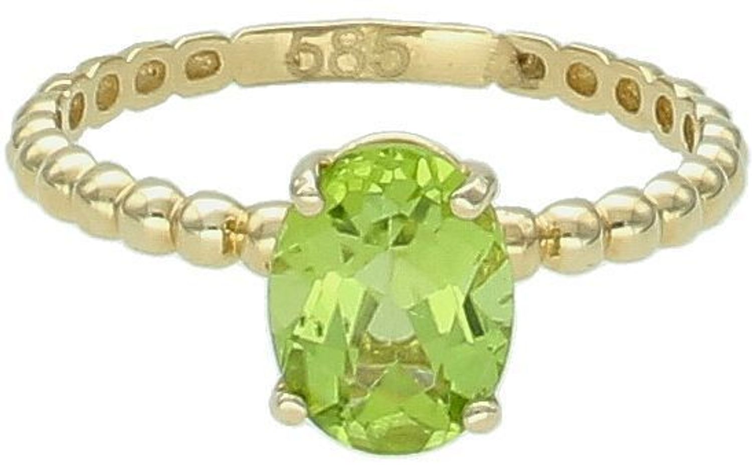 Pierścionek złoty oliwin próba 585, DIA-PRS-12132-585. Pierścionek wykonany z żółtego 14 karatowego złota o charakterystycznej formie. Złote pierścionki 585 idealne na prezent. Damski złoty pierścionek 1.jpg