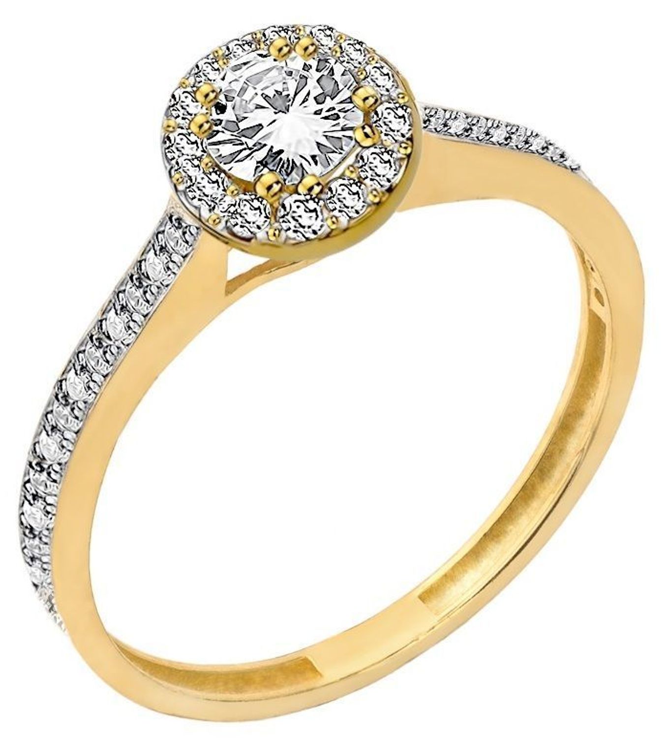 Pierścionek złoty ozdobiony cyrkoniami próba 585, DIA-PRS-12135-585 Pierścionek wykonany z żółtego 14 karatowego złota o charakterystycznej formie. Złote pierścionki 585 idealne na prezent..jpg