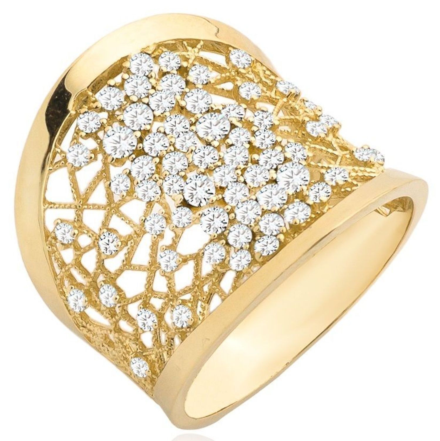 Pierścionek złoty ażurowy z cyrkoniami próba 585, DIA-PRS-12141-585 Pierścionek wykonany z żółtego 14 karatowego złota o charakterystycznej formie, ozdobiony cyrkoniami. Złote pierścionki 585.jpg