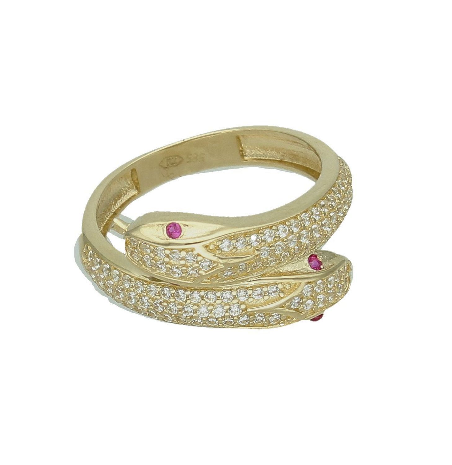 Pierścionek złoty próba 585, żmija z cyrkonią DIA-PRS-12187-585 Pierścionek złoty żmija ozdobiony białą cyrkonią, oczy są koloru różowego. Pierścionek wykonany z zachowaniem dbałości o każdy szczegół i detal.1.jpg