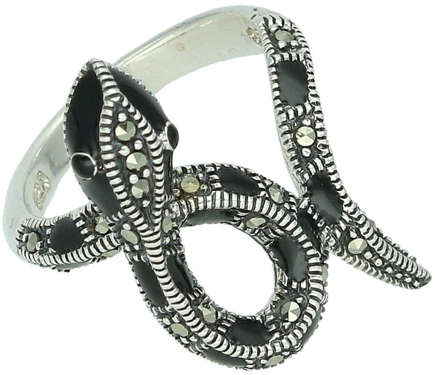 Pierścionek srebrny 925 DIA-PRS-13038-925 w kształcie węża, z czarną emalią i markazytami. Rozmiar 17, ozdoba 3x2 cm, waga 5,42 g. Zjawiskowy, odważny design.11.jpg