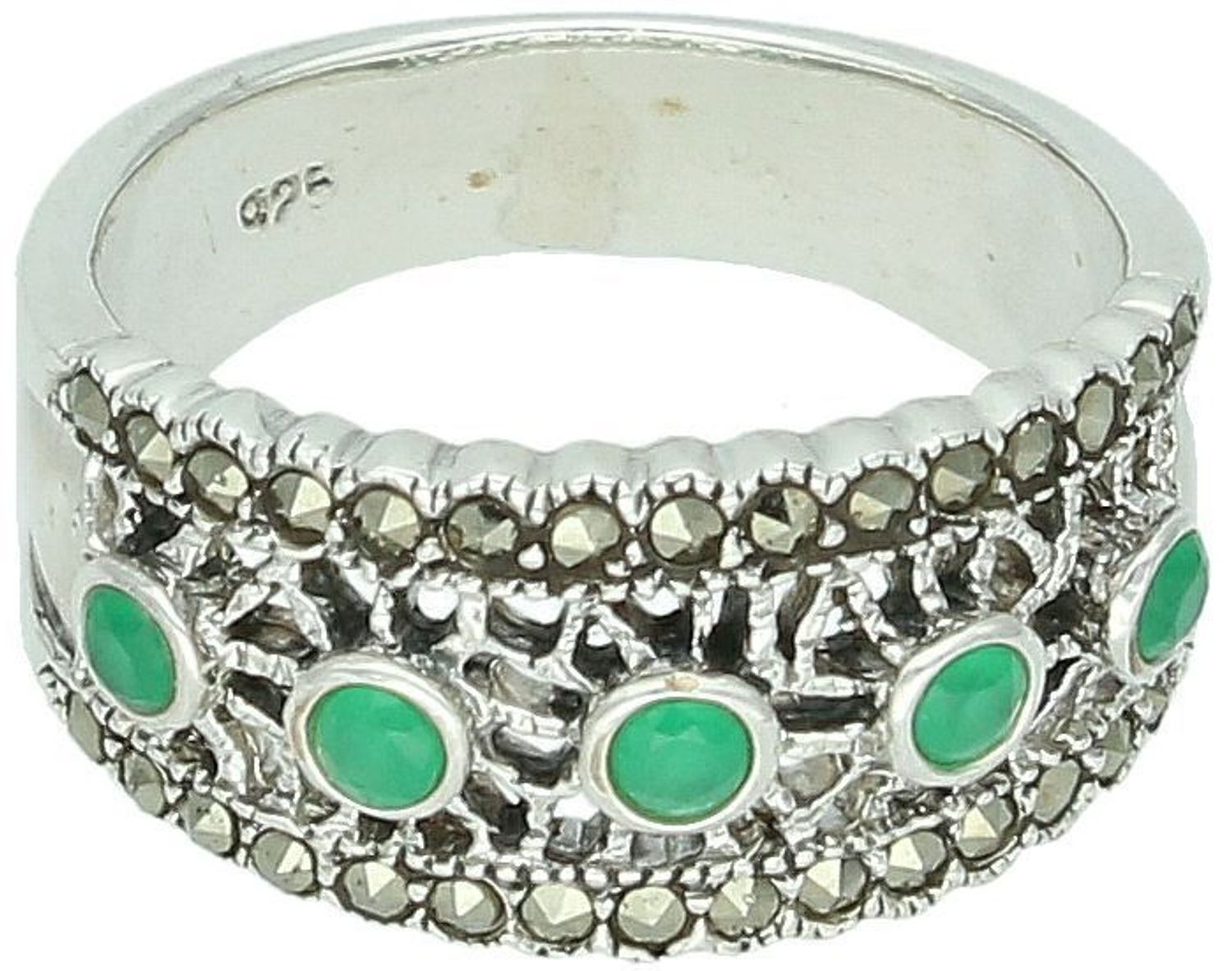 Pierścionek srebrny damski DIA-PRS-13040-925 z markazytami i zielonymi cyrkoniami. Rozmiar 14, szerokość 1,0 cm, waga 4,91 g. Stylowy i elegancki dodatek.1.jpg