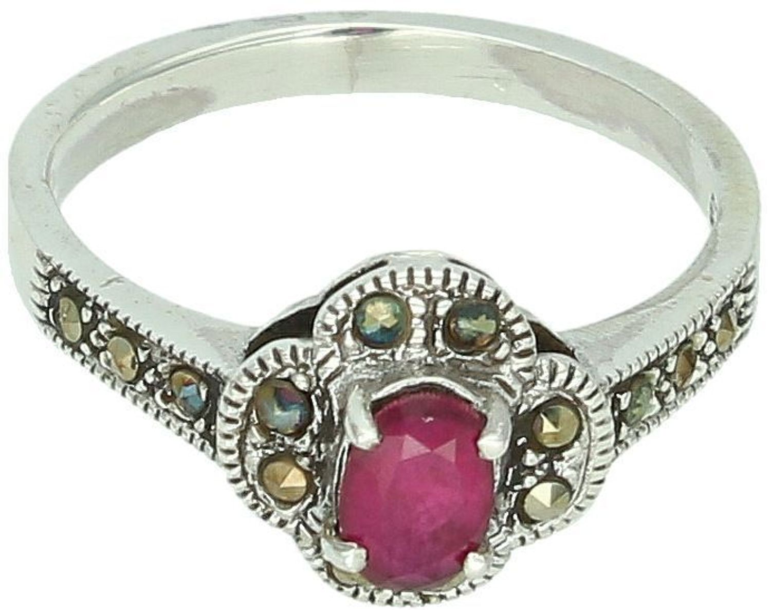 Romantyczny srebrny pierścionek w kształcie kwiatka z rubinem syntetycznym i markazytami. Ag 925, element ozdobny 1,0 cm, waga 3,36 g. Styl vintage.1.jpg