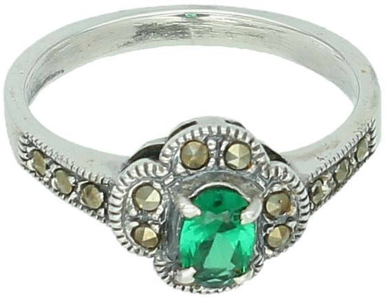 Srebrny pierścionek damski Ag 925 z zieloną cyrkonią i markazytami, kwiatowy wzór, element 1 cm, waga 3,33 g. Subtelny i elegancki dodatek na każdą okazję.1.jpg