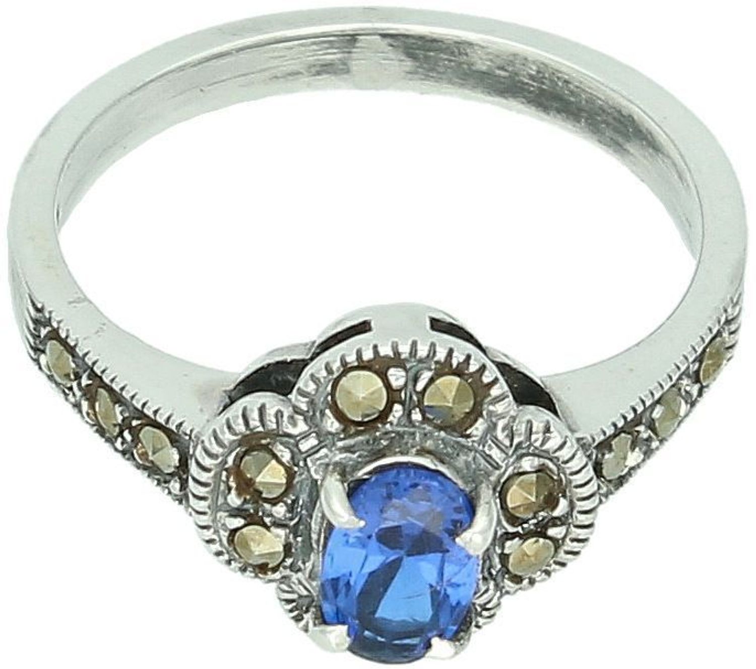 Romantyczny srebrny pierścionek z motywem kwiatka, zdobiony granatową cyrkonią i markazytami. Ag 925, ozdoba 1,0 cm, szyna 2 mm, waga 3,25 g. Stylowy dodatek w stylu retro.1.jpg