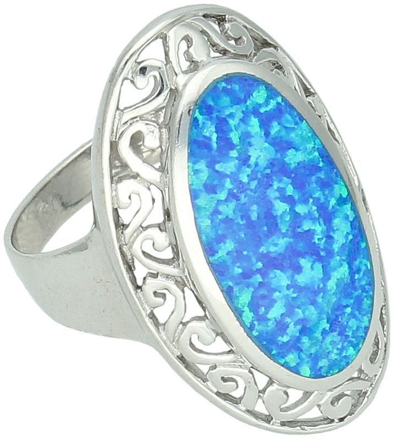 Srebrny pierścionek z niebieskim syntetycznym opalem. Ag 925, owalny kamień 3x2 cm, szyna 4 mm, waga 7,23 g. Efektowna biżuteria na wyjątkowe okazje.1.jpg