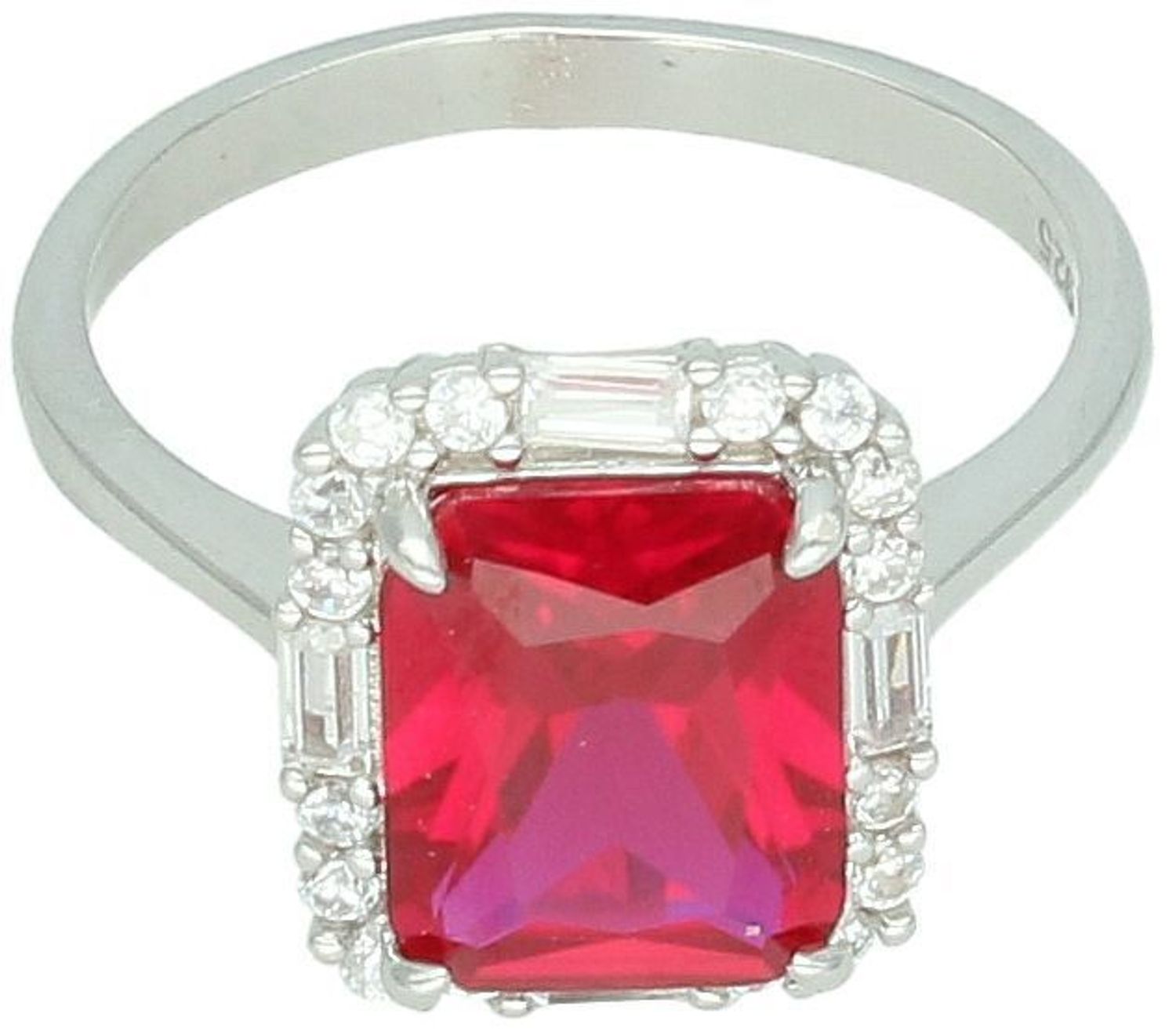 Srebrny pierścionek z czerwoną prostokątną cyrkonią i białymi zdobieniami. Waga 3,50 g, szyna 2 mm, ozdoba 1,2 × 1,3 cm. Styl glamour i elegancja w jednym.1.jpg