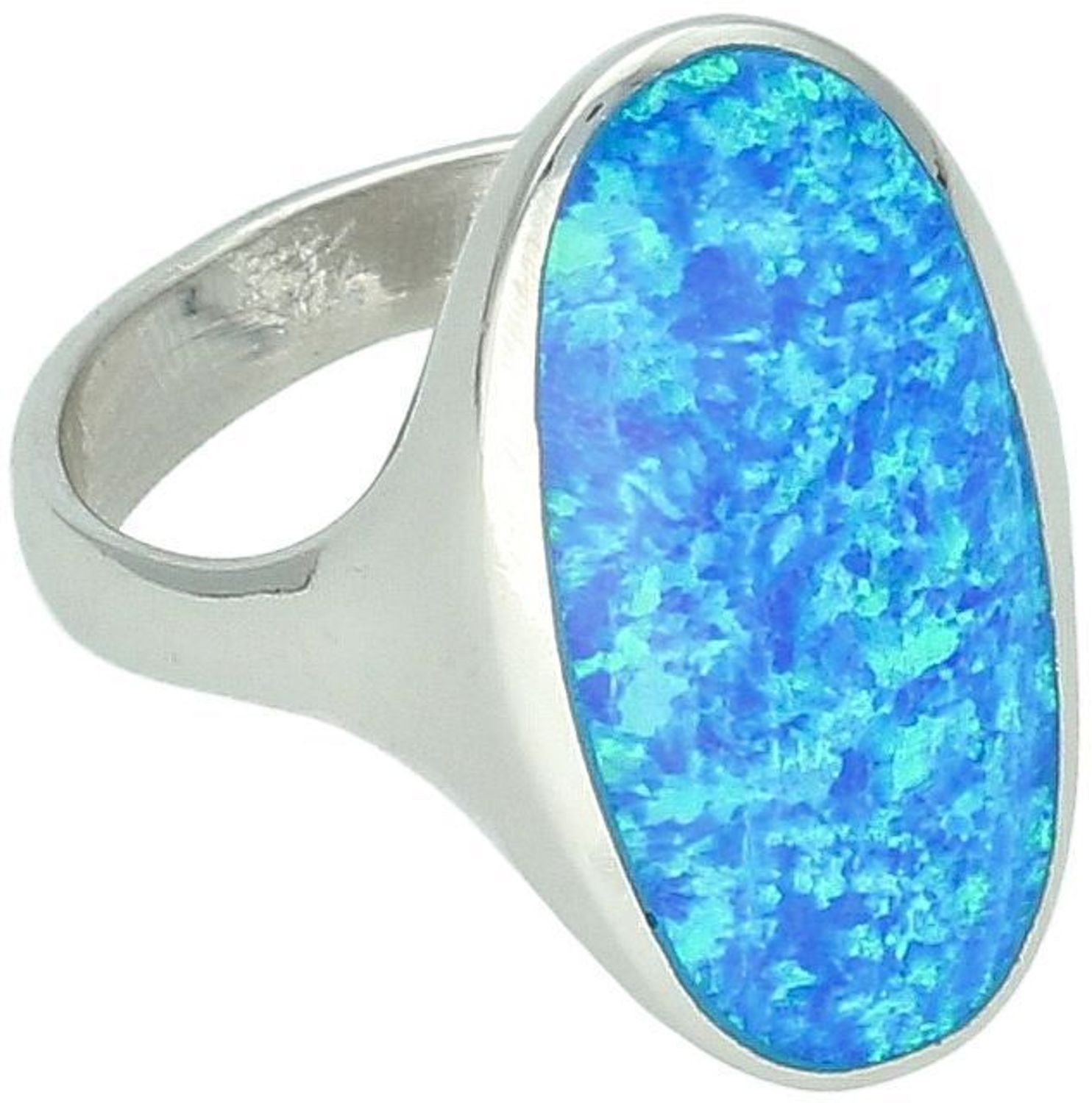 Srebrny pierścionek damski z niebieskim opalem syntetycznym. Owalna ozdoba 2,2 x 1,2 cm, solidna szyna 4 mm, waga 5,18 g. Stylowy i przyciągający wzrok dodatek.1.jpg