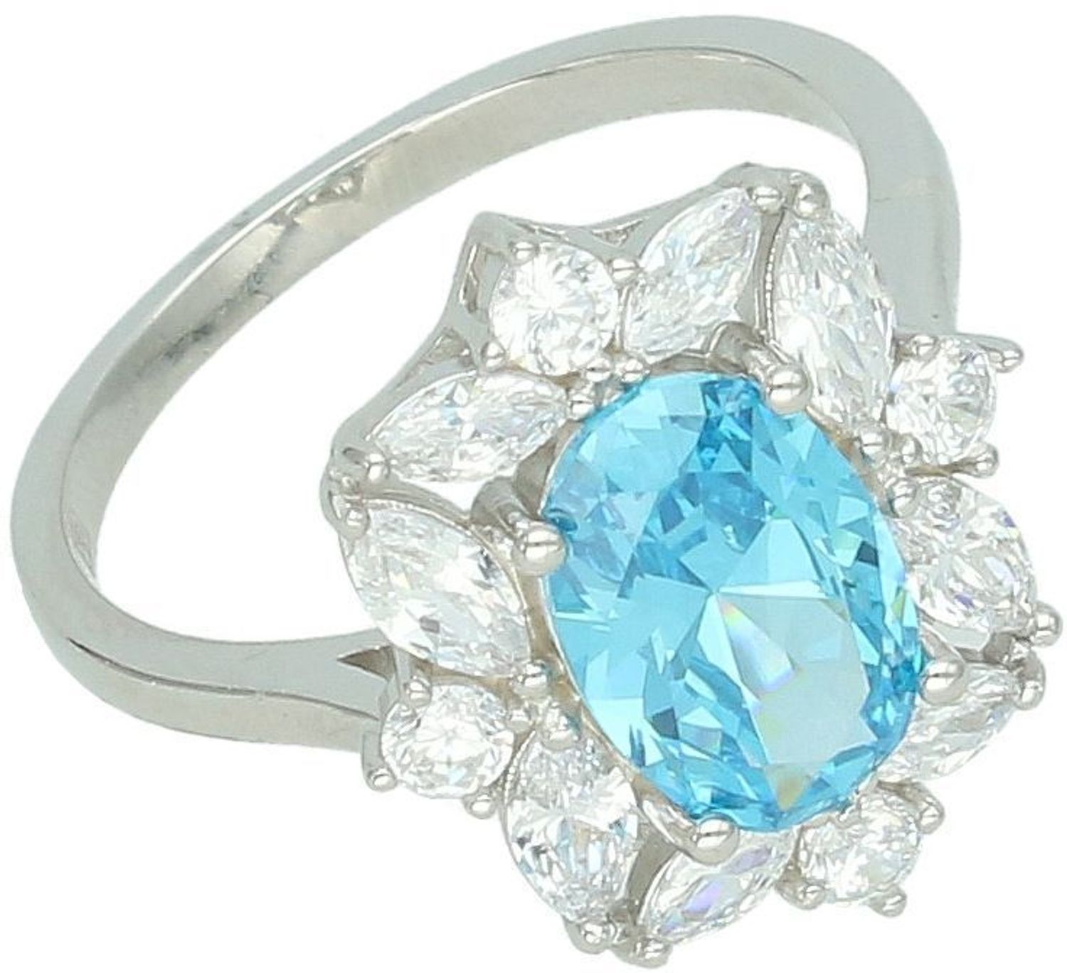 Wyjątkowy srebrny pierścionek z niebieską cyrkonią otoczoną białymi kamieniami. Duży owalny kształt 2,0 × 1,8 cm, waga 6,10 g. Idealny na prezent i eleganckie okazje.1.jpg