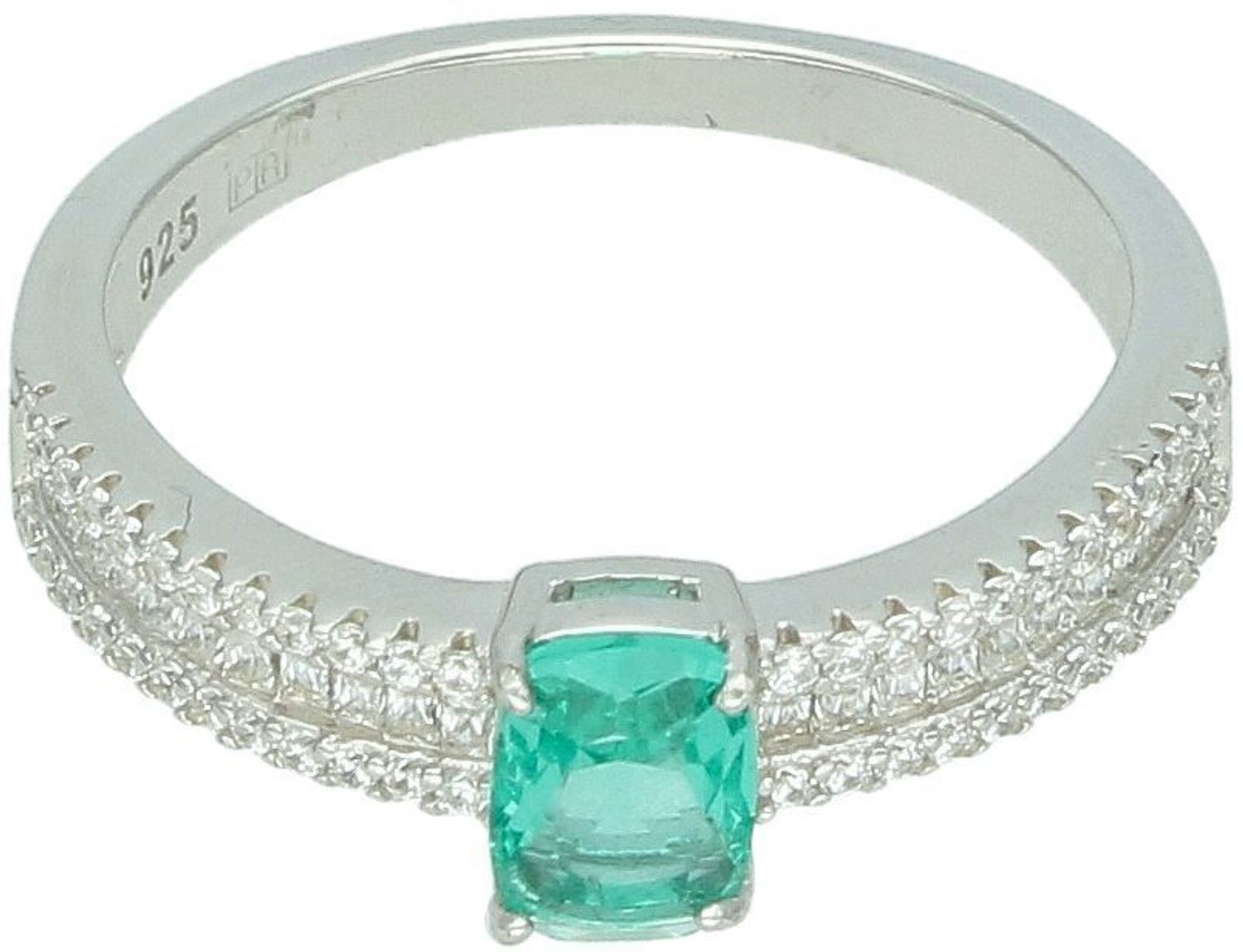 Delikatny srebrny pierścionek damski Ag 925 z zieloną i białymi cyrkoniami. Element ozdobny 5x7 mm, waga 3,90 g. Idealny na co dzień i specjalne okazje.1.jpg