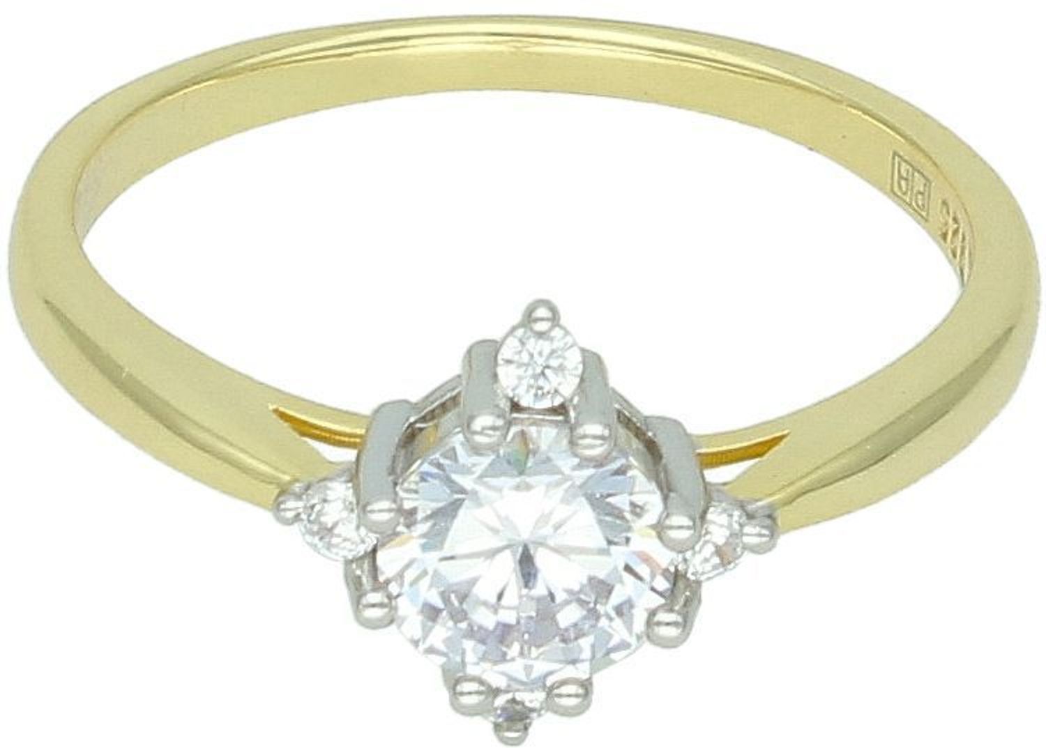 Pozłacany pierścionek damski ze srebra próby 925, ozdobiony dużą cyrkonią o średnicy 7 mm. Waga 3,50 g, szerokość szyny 2 mm.1.jpg