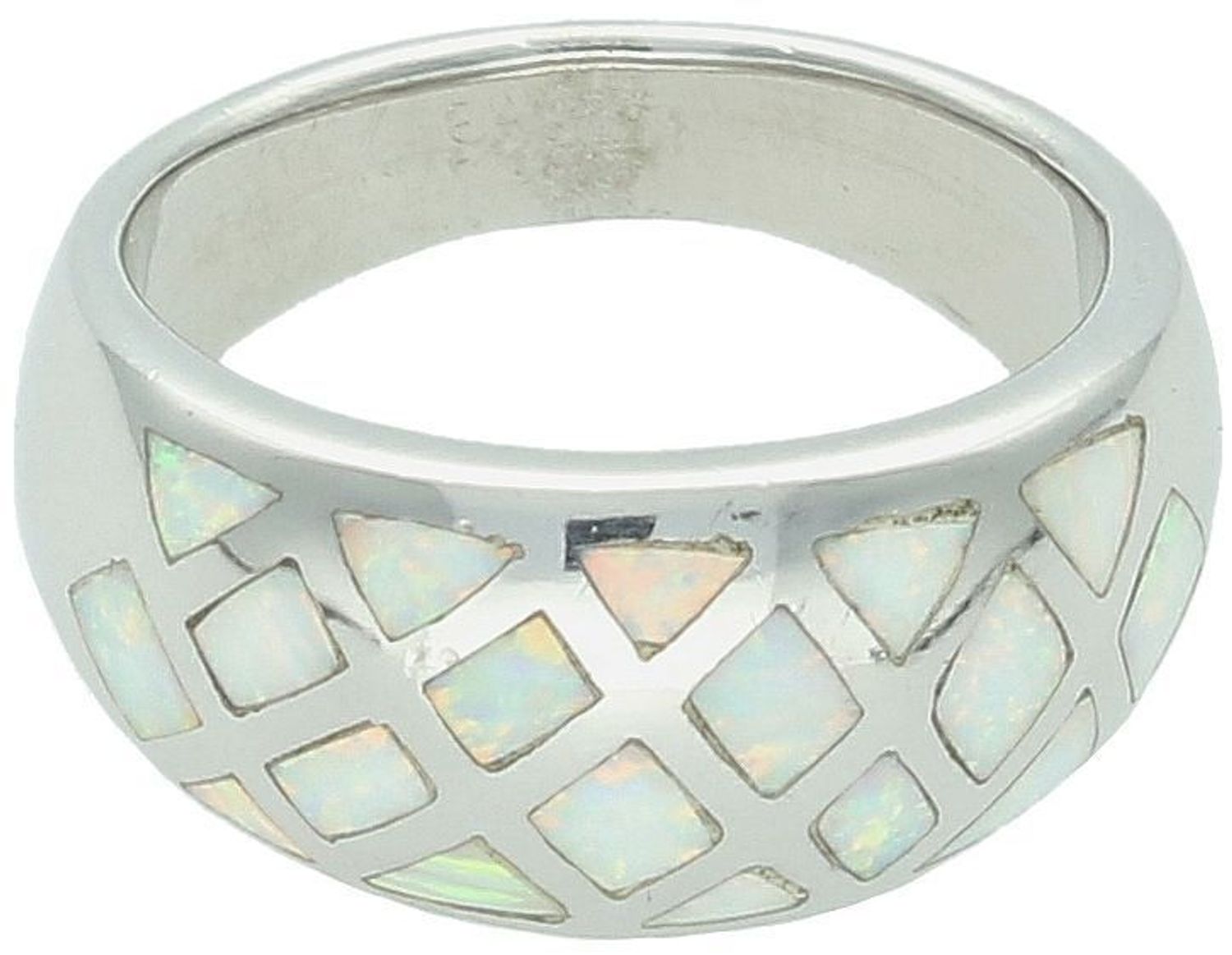 Damski srebrny pierścionek próby 925 zdobiony syntetycznym opalem. Elegancka biżuteria o szerokości elementu ozdobnego 1 cm i wadze 6,7 g. Idealny na każdą okazję.1.jpg