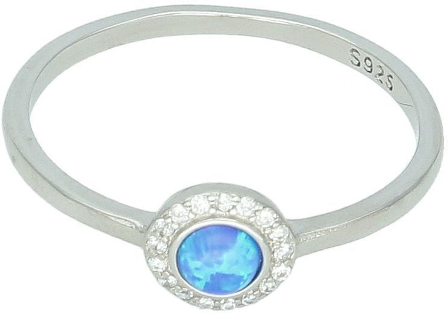 Pierścionek damski DIA-PRS-13070-925 ze srebra próby 925 z niebieskim opalem syntetycznym i cyrkoniami. Delikatna szyna, waga 1,57 g, elegancki design – idealny na prezent.1.jpg
