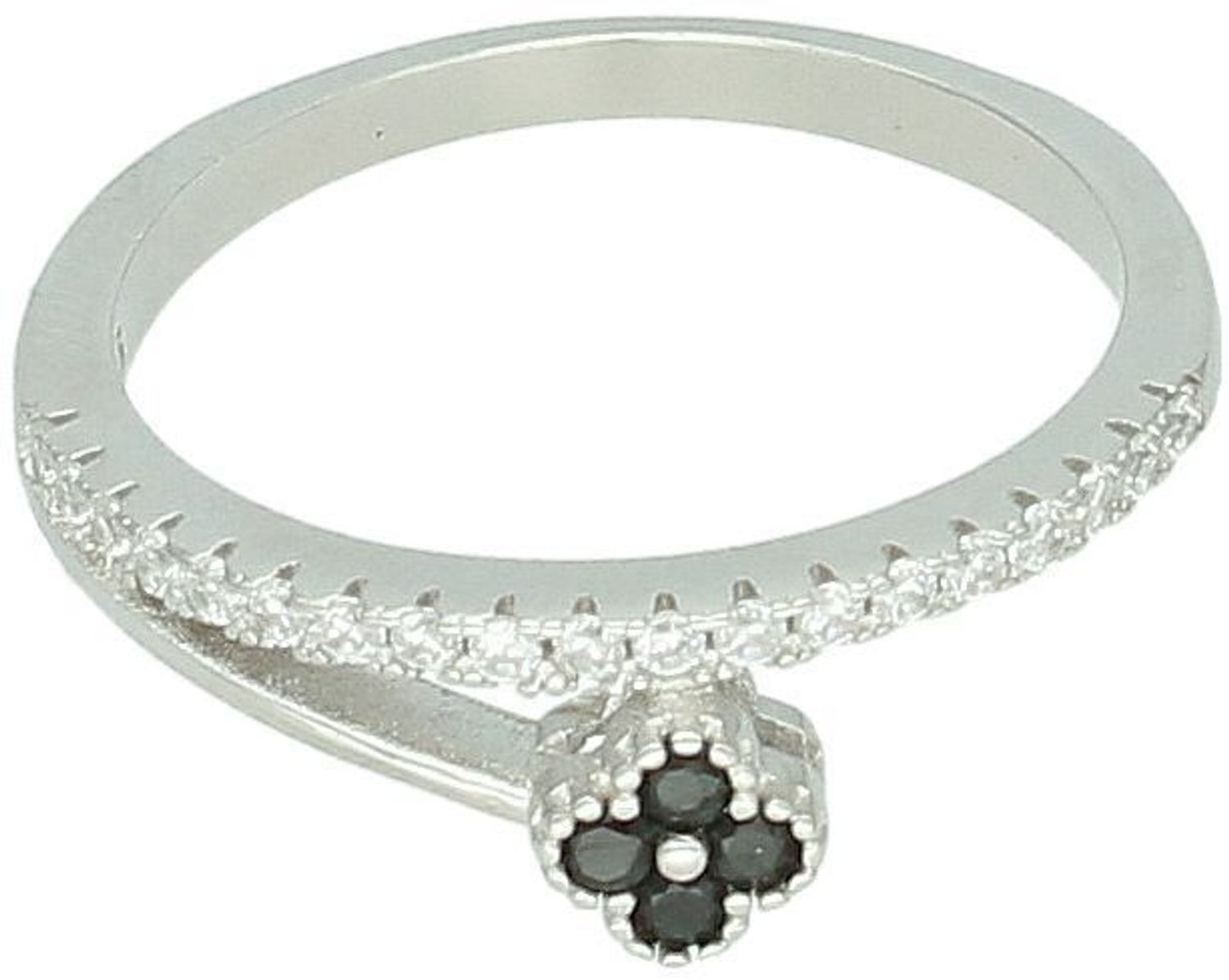 Srebrny pierścionek damski DIA-PRS-13072-925 z czarnym kwiatkiem z emalii i rzędem białych cyrkonii. Elegancki kontrast i subtelny blask – idealny dodatek do codziennych i wieczorowych 1.jpg