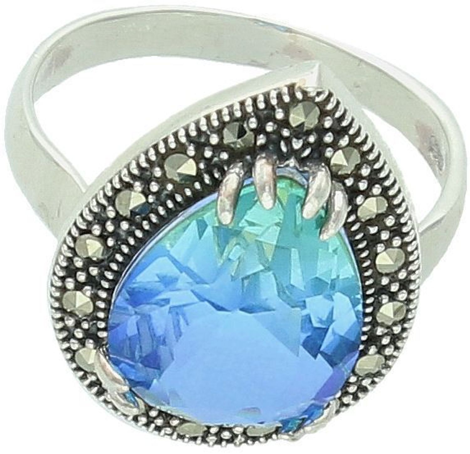 Pierścionek srebrny próby 925 z cyrkonią niebiesko-zieloną i markazytami. Model DIA-PRS-13186-925, rozmiar 14, waga 3,89 g, ozdobna łezka 1,5 x 2,0 cm. Elegancja i wyjątkowy styl.1.jpg