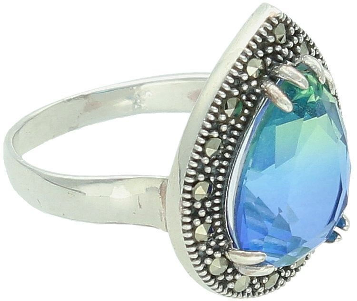 Pierścionek srebrny próby 925 z cyrkonią niebiesko-zieloną i markazytami. Model DIA-PRS-13186-925, rozmiar 14, waga 3,89 g, ozdobna łezka 1,5 x 2,0 cm. Elegancja i wyjątkowy styl.1.jpg