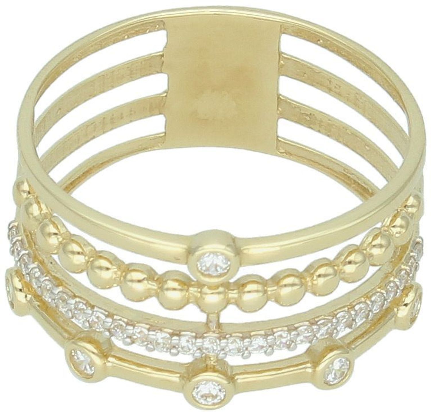 Złoty pierścionek damski DIA-PRS-13284-585, próba 585, zdobiony białymi cyrkoniami. Rozmiar 22, szerokość 1,0 cm, waga 4,18 g. Elegancja i blask na każdą okazję.1.jpg