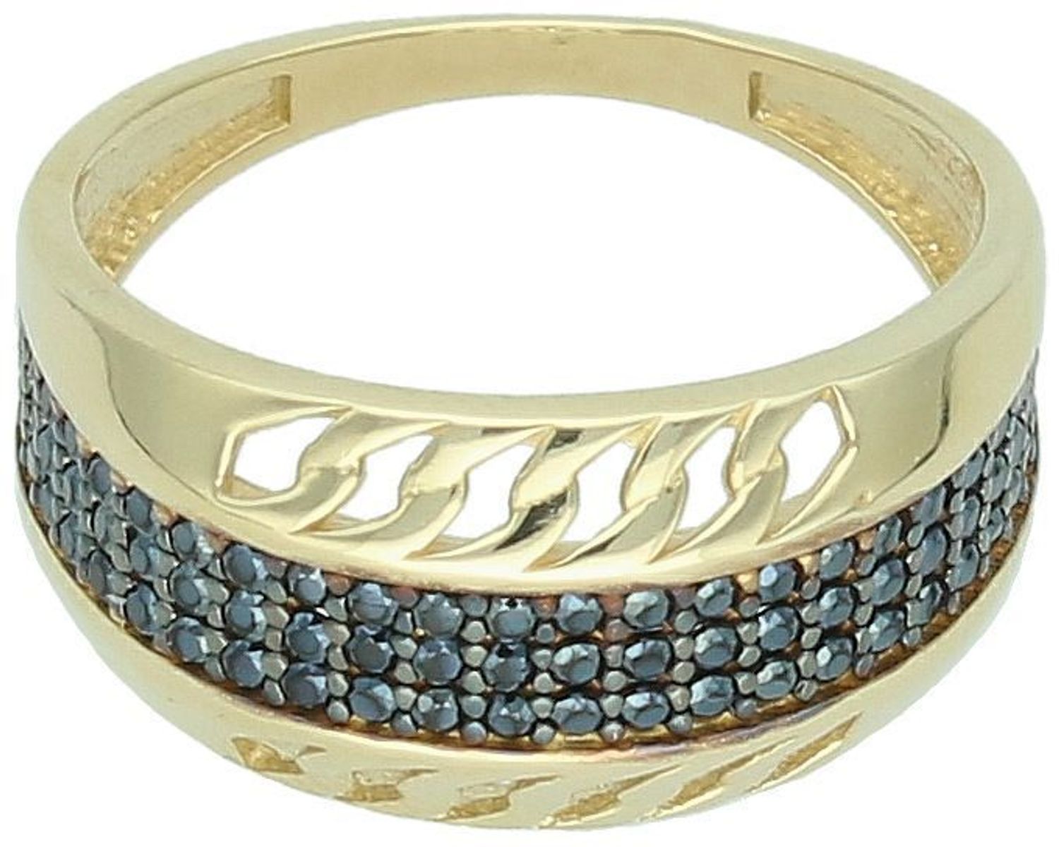 Złoty pierścionek damski DIA-PRS-13285-585 z czarnymi cyrkoniami. Próba 585, waga 3,39 g, szerokość góry 1 cm, rozmiar 14. Wyjątkowa biżuteria z charakterem!1.jpg